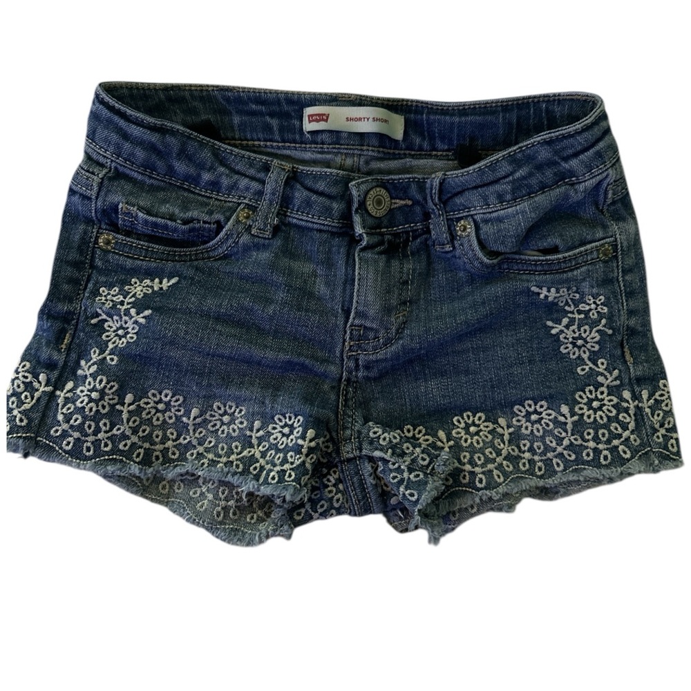 Levi's Blue Denim Shorts with Distressed Frayed Hem‎